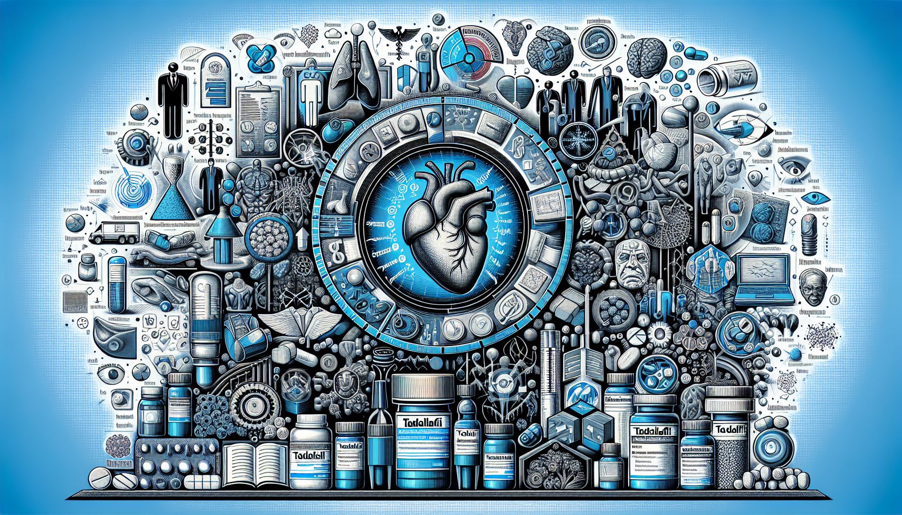 Illustration of Tadalafil tablets and packaging